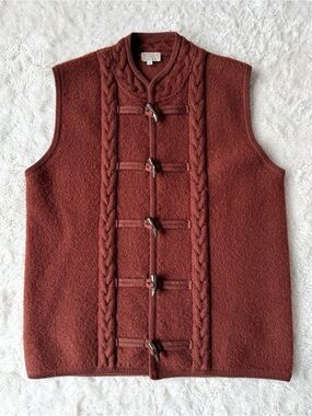 VTG Haggar Brown Wool Toggle Closure Knit Vest Sweater LARGE Folk Country Rustic